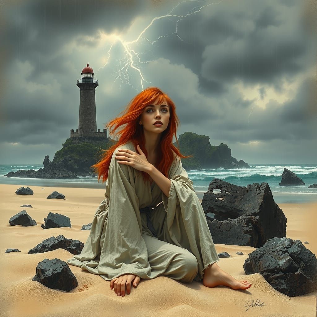 Desert Island Oyster Woman in Eerie Dystopian Style