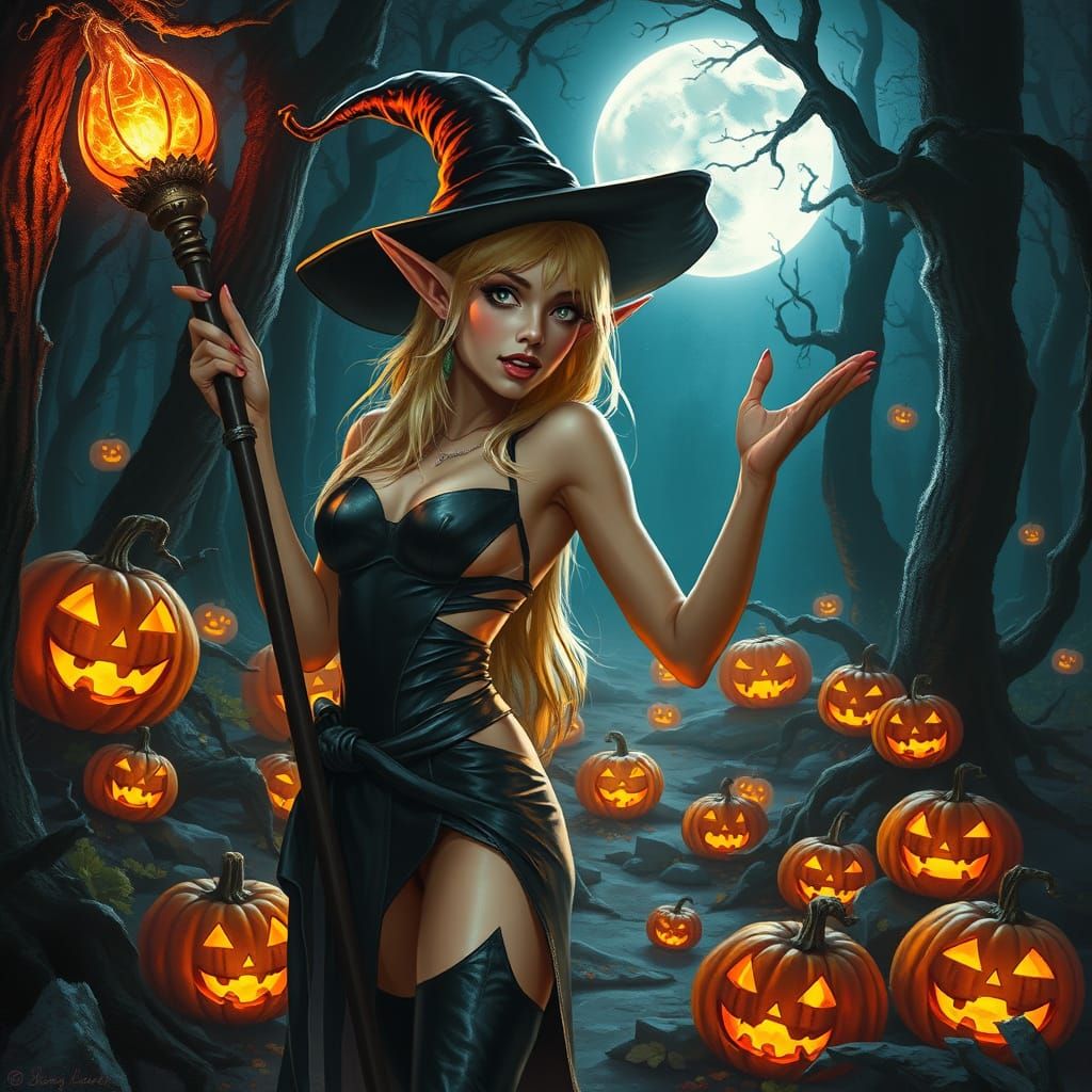 Blonde Elf Witch Casting Magic in Dark Fantasy Style