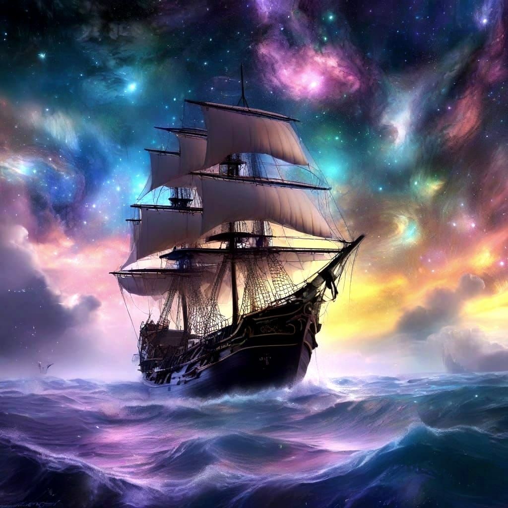 Pirate Ship Sailing Through Swirling Cosmic Nebula