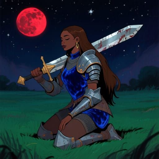 Black Woman Knight Rests Greatsword Under Red Moon