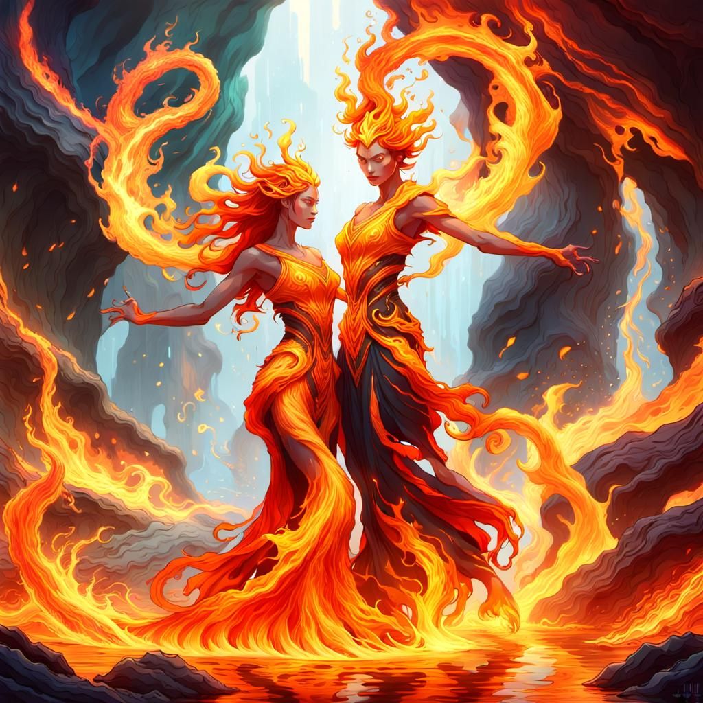 Fire Elementals Waltz in Fiery Landscape