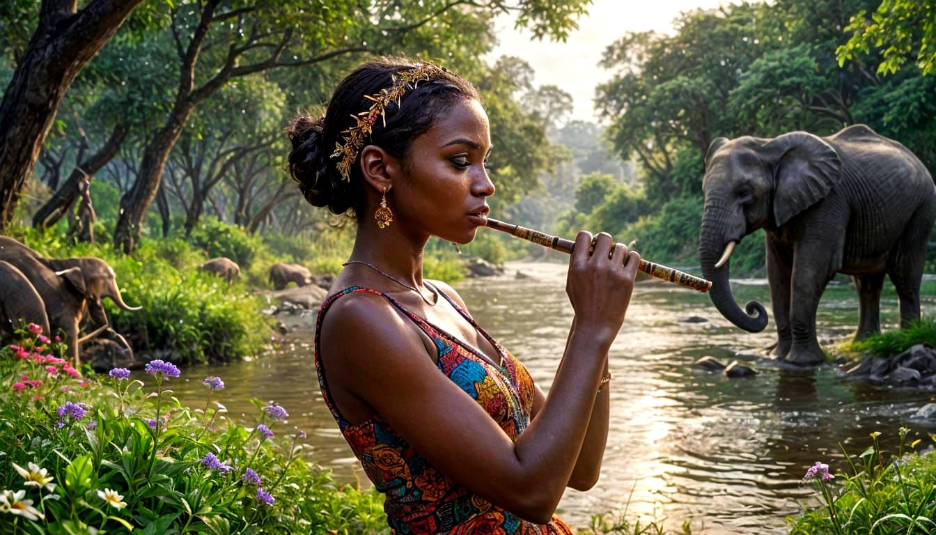 African Landscape with Woman Playing Flute Near Elephants