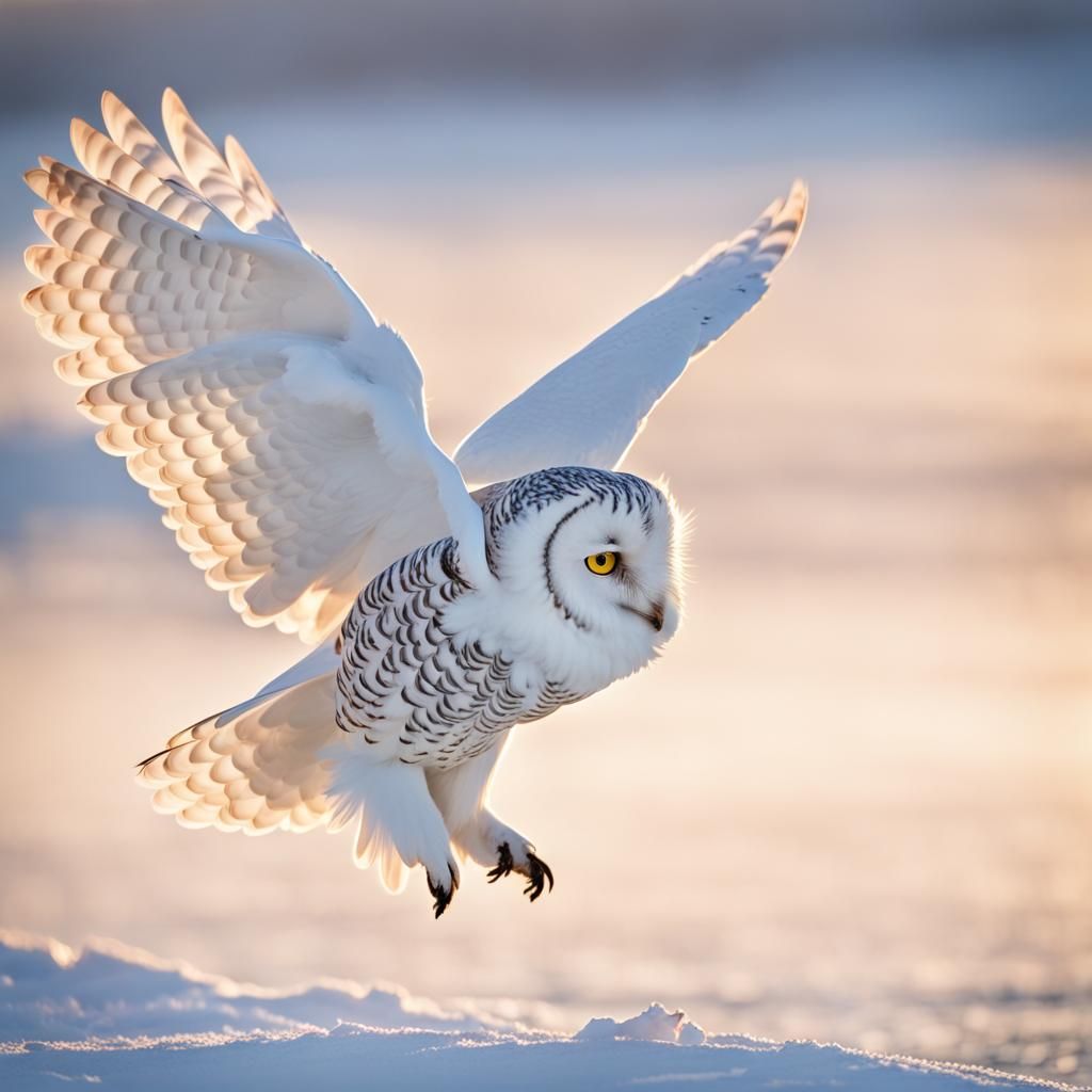 Snow Owl Hunting in Snowy Twilight Landscape