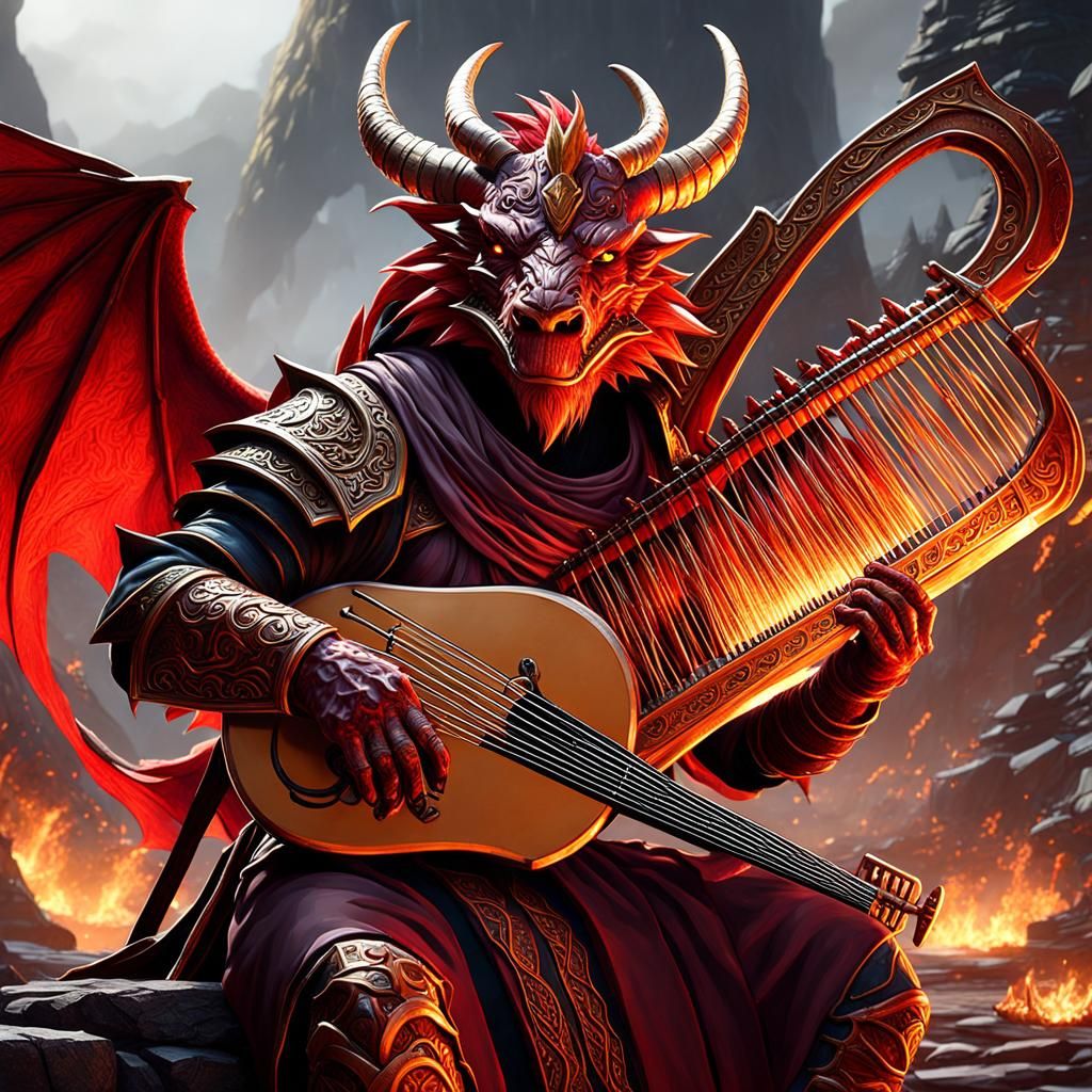 Red Dragonborn Playing Lyre in Fantasy Art