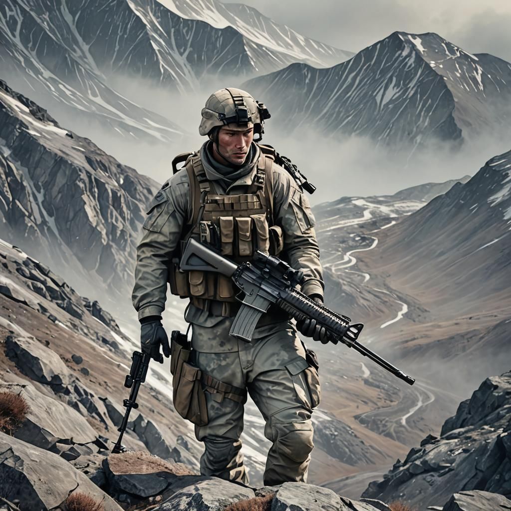 Soldier on Mountain Ridge in Military Chic Style