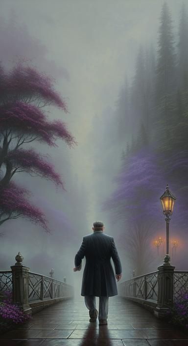 Man on Misty Bridge: Ethereal Fantasy Art