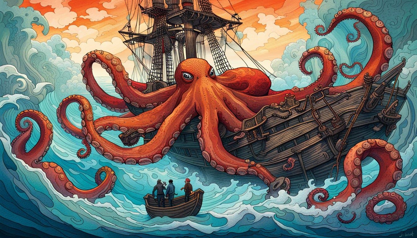Giant Octopus Attacks Pirate Ship, Detailed Gouache Painting