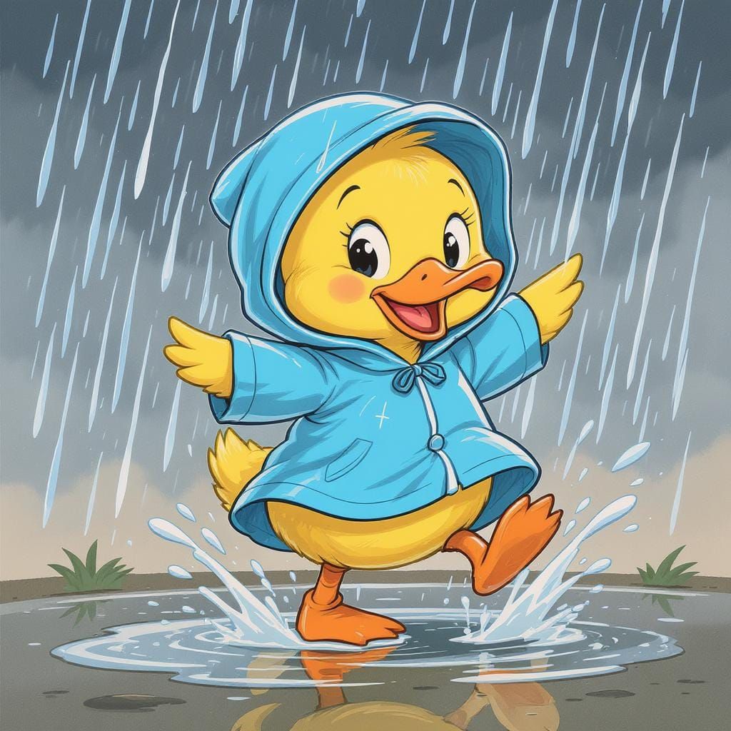 Cartoon Duckling Dancing in the Rain