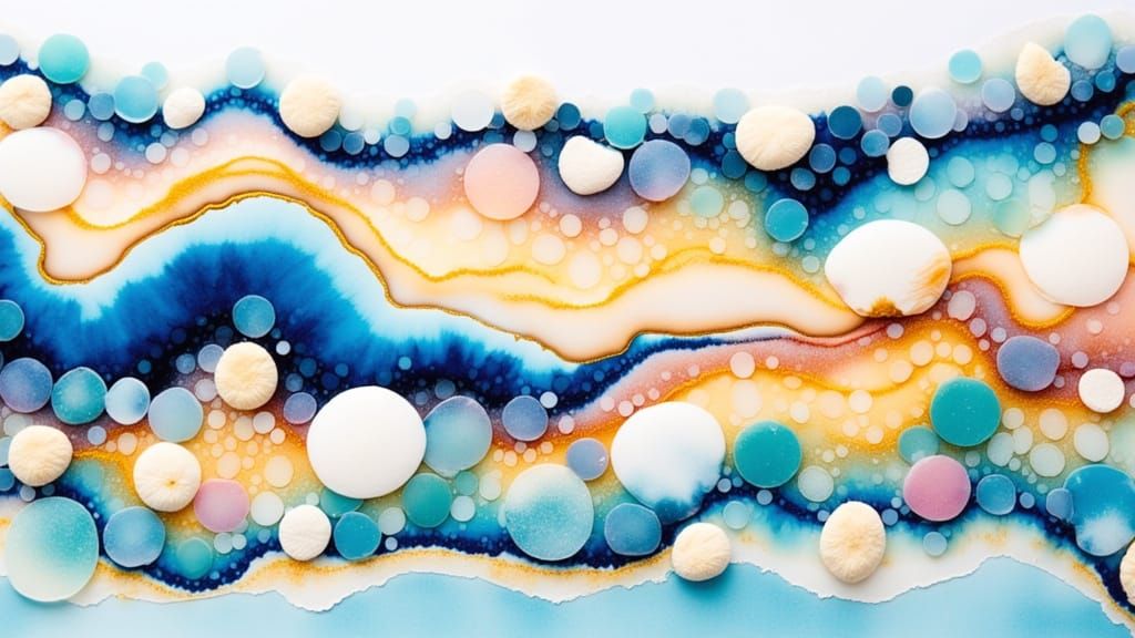 Abstract Arrangement of Blueberries, Sea Glass, and Shells