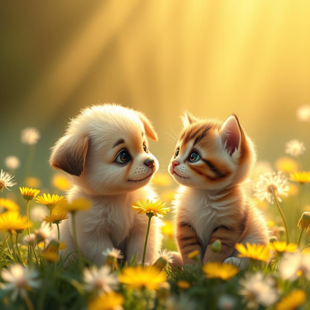 Puppy and Kitten Gaze in Dandelion Garden