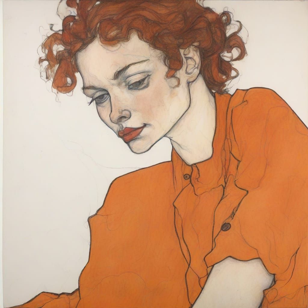 Burgundy Orange Woman: Expressionist-Style Sketch