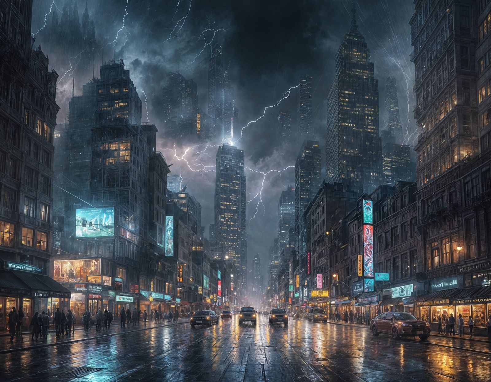 City Night with Rain and Lightning