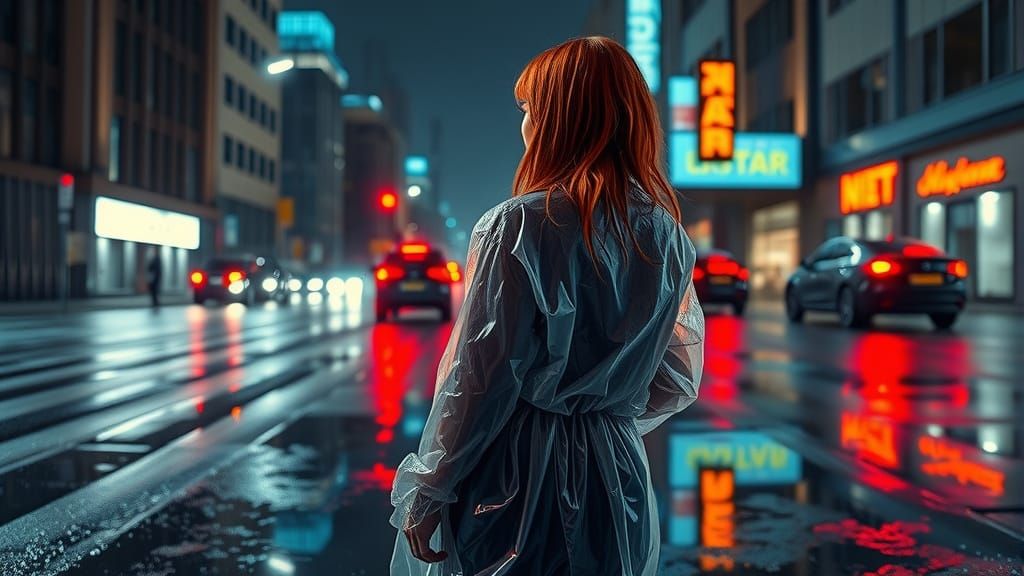 Cyberpunk Redhead in Rainy Neon Cityscape