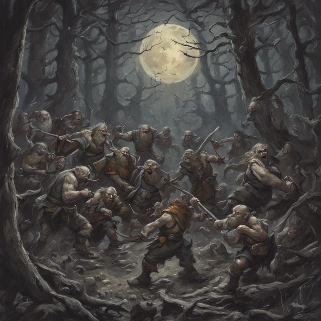 Dwarves Clash with Goblins in Gloomy Woods