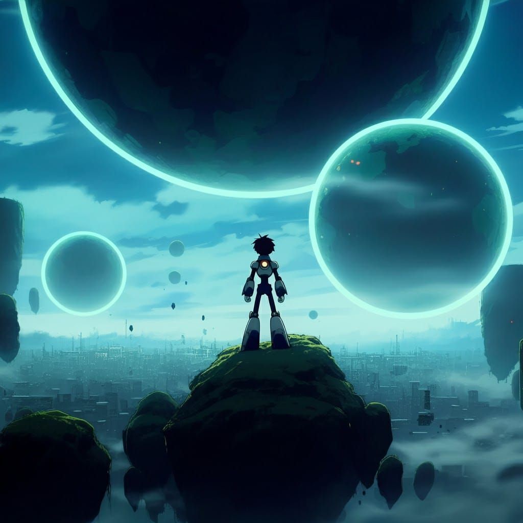 Robot Boy Above Cityscape in Anime Style