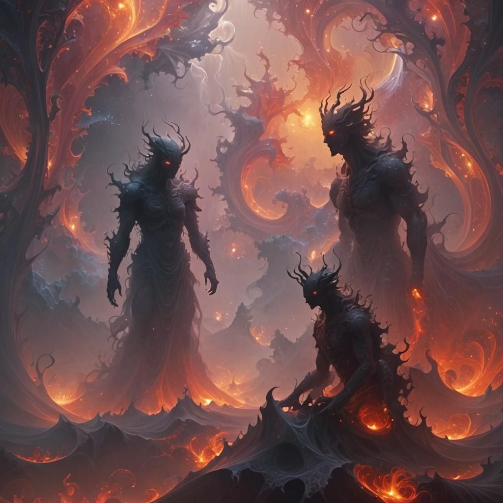 Demonic Silhouettes Engulfed in Hellfire, Ethereal Fantasy