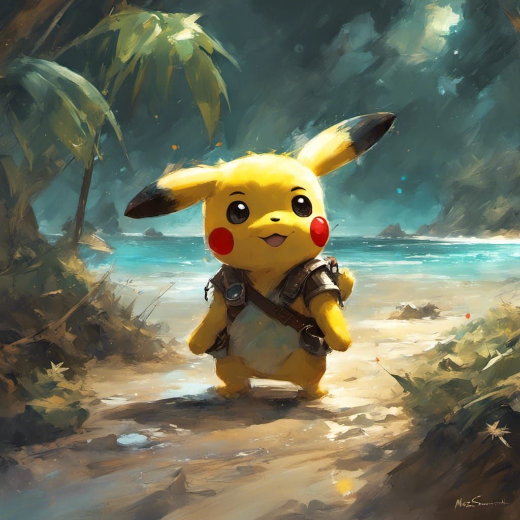 Adorable Chibi Mario Pikachu on Bioluminescent Beach