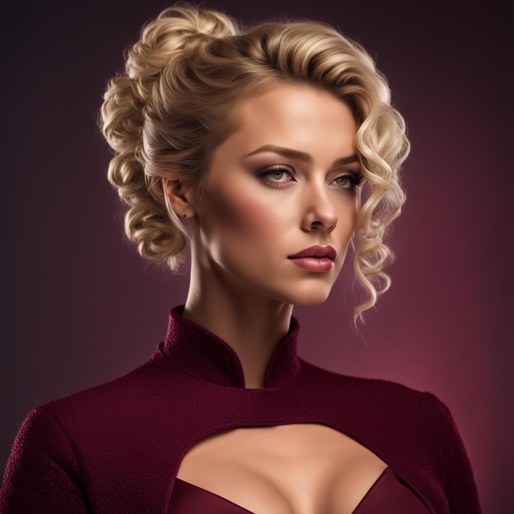 Blonde Woman in Ruby Dress: Detailed Portrait