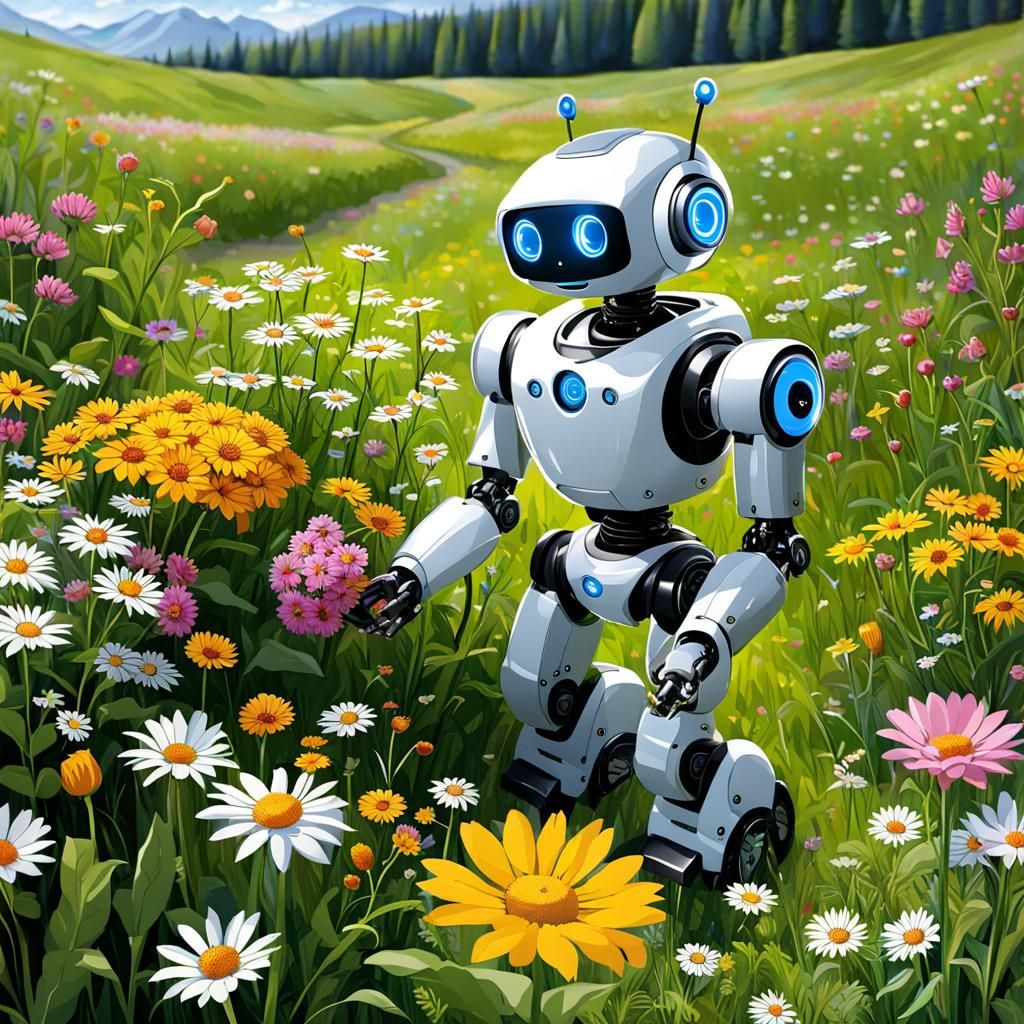 A small robot picking flowers in a meadow