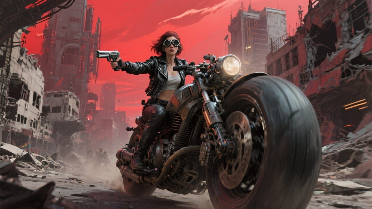 Cyberpunk Biker Rides Through Ruined City