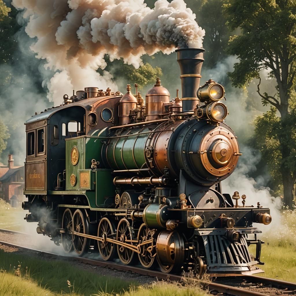 Steampunk Locomotive Gliding Through Meadow at Golden Hour