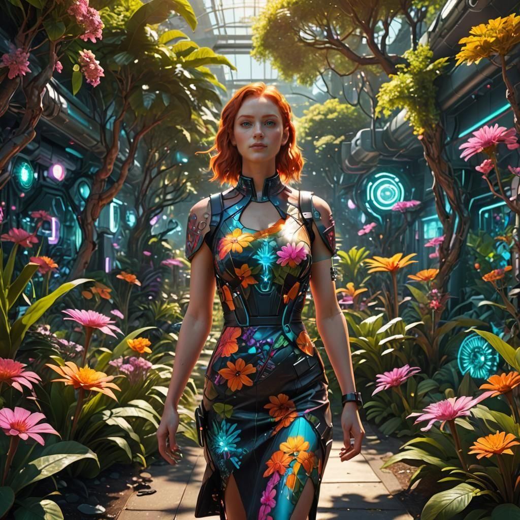 Ginger Woman Laughing in Cyberpunk Garden