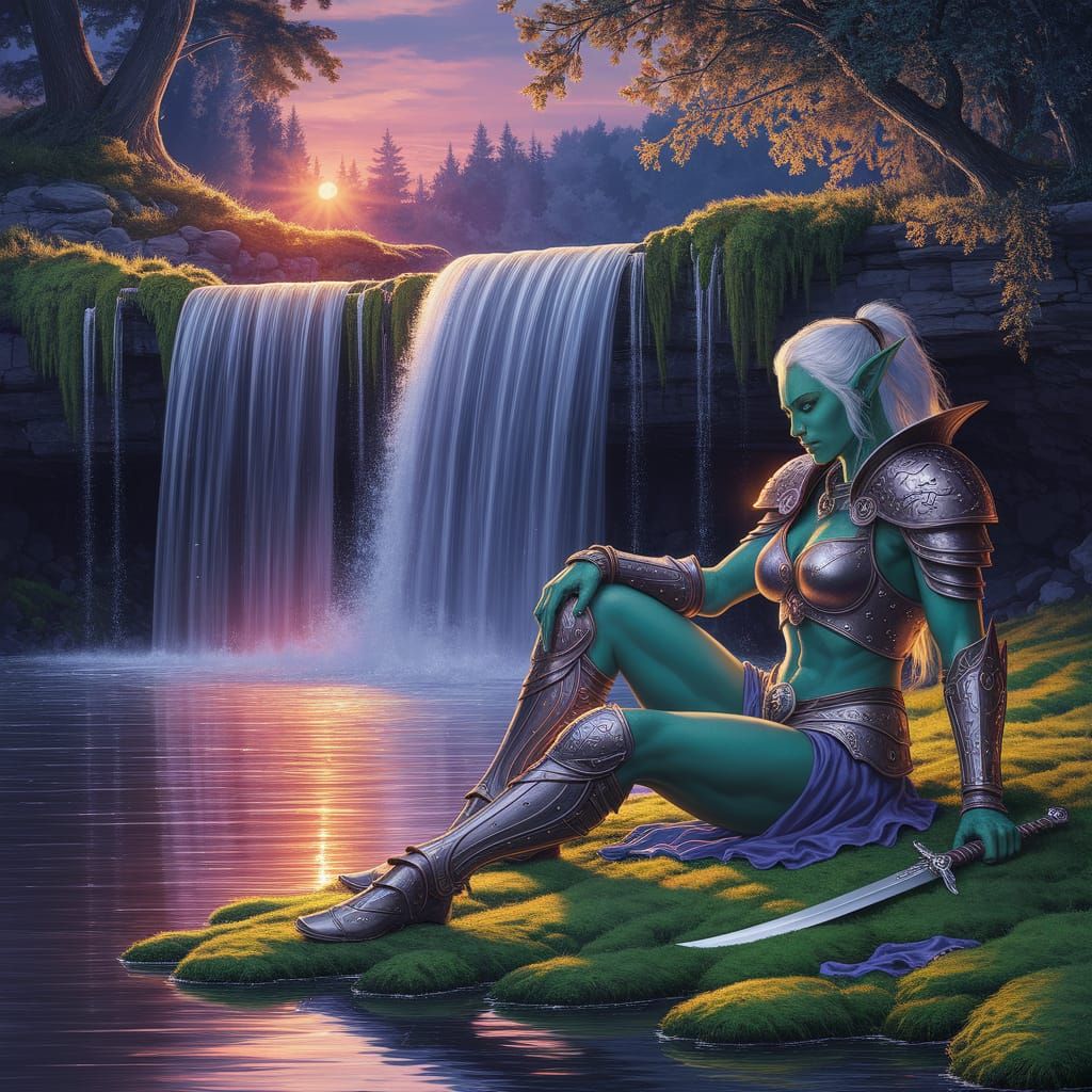Female Orc Warrior Rests by Waterfall in Twilight Fantasy Pa...