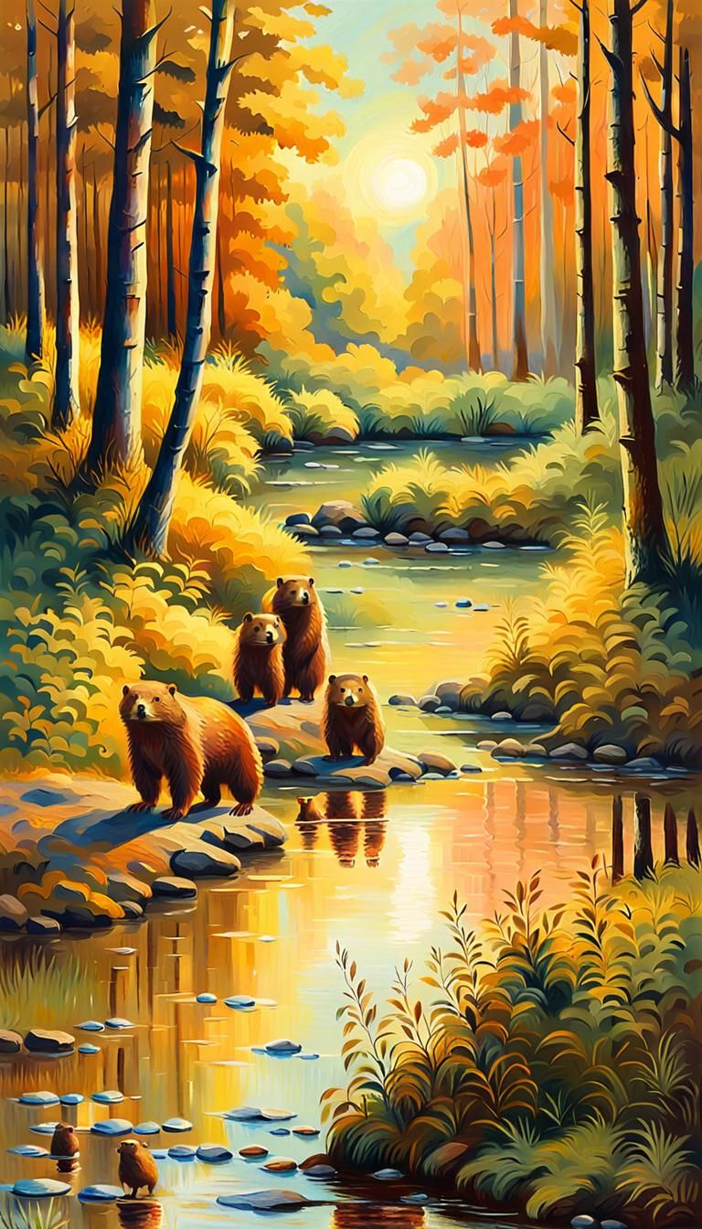 Beaver Family in Impressionist Amazon Landscape