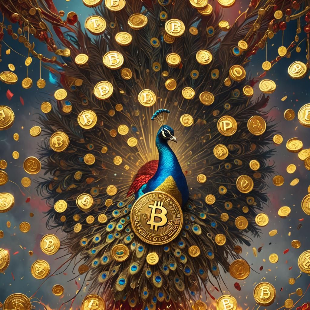 Golden Bitcoin Peacock Digital Art