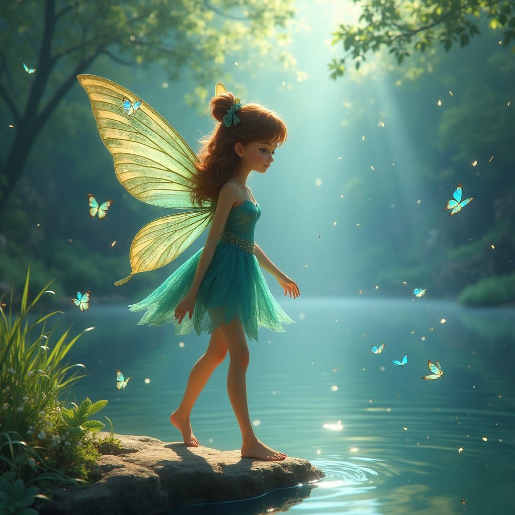 Fairy Girl by Lake with Butterflies in Fantasy Style
