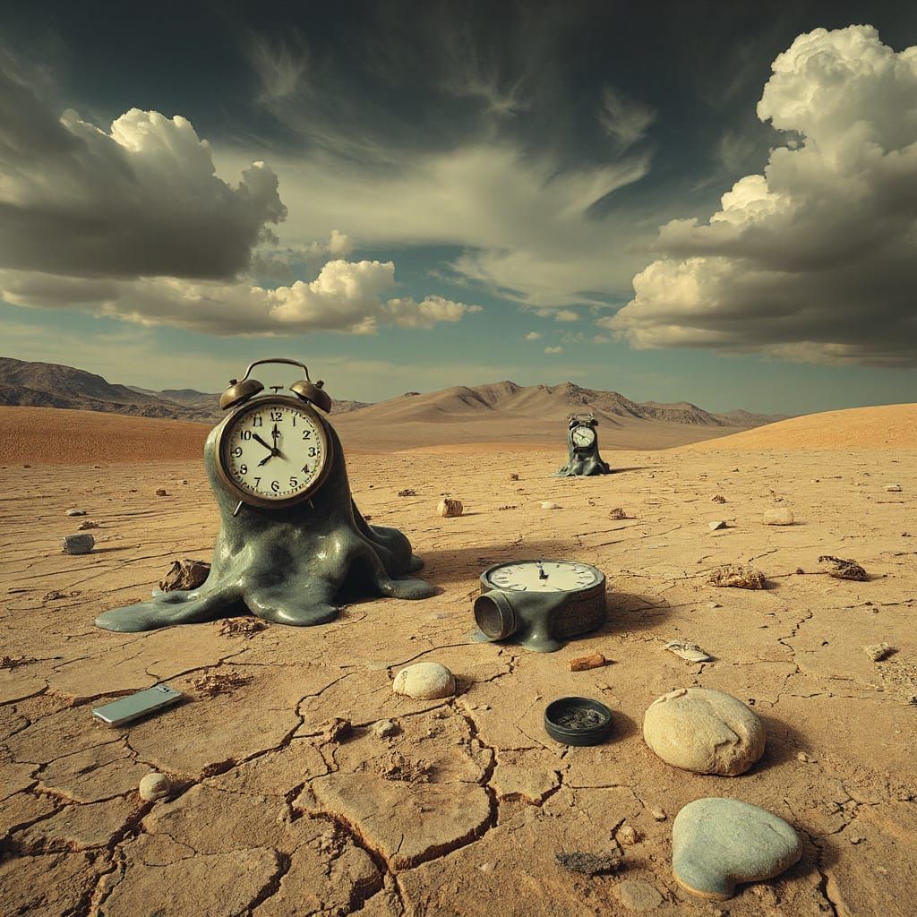Surreal Desert Landscape with Melting Clocks in Surrealist S...
