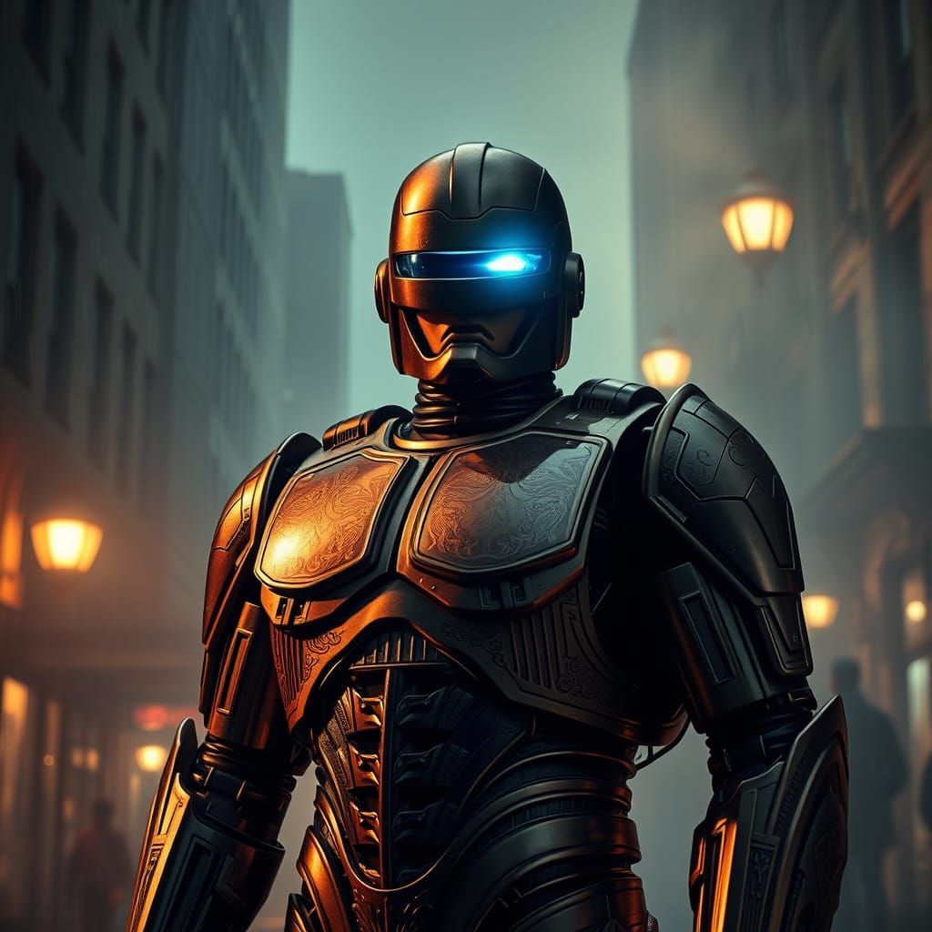 Retro-Futuristic Robocop in a Film Noir Cityscape