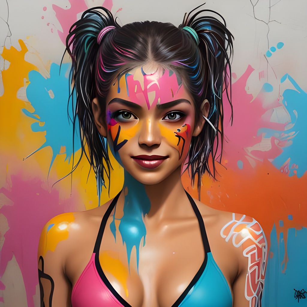 Realistic Bikini Model in Colorful Graffiti Art