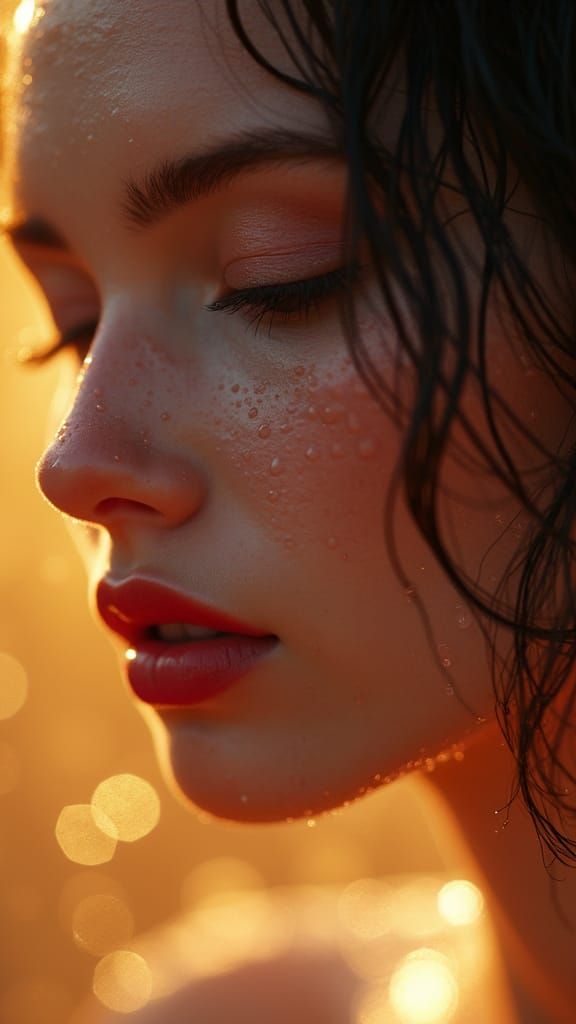 Hyperrealistic Close-Up of Beautiful Woman in Golden Light