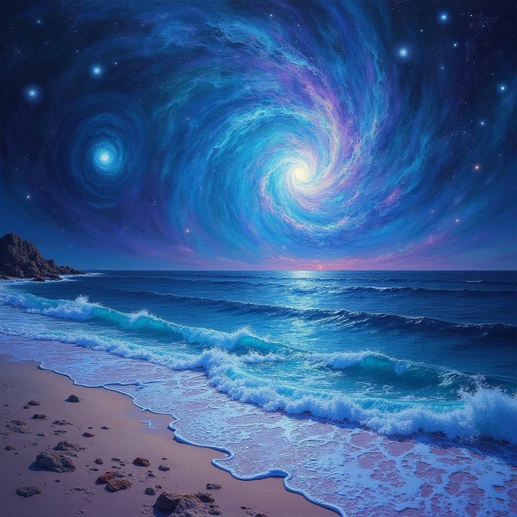 Holographic Cosmic Ocean Scene in Pablo Amaringo Style
