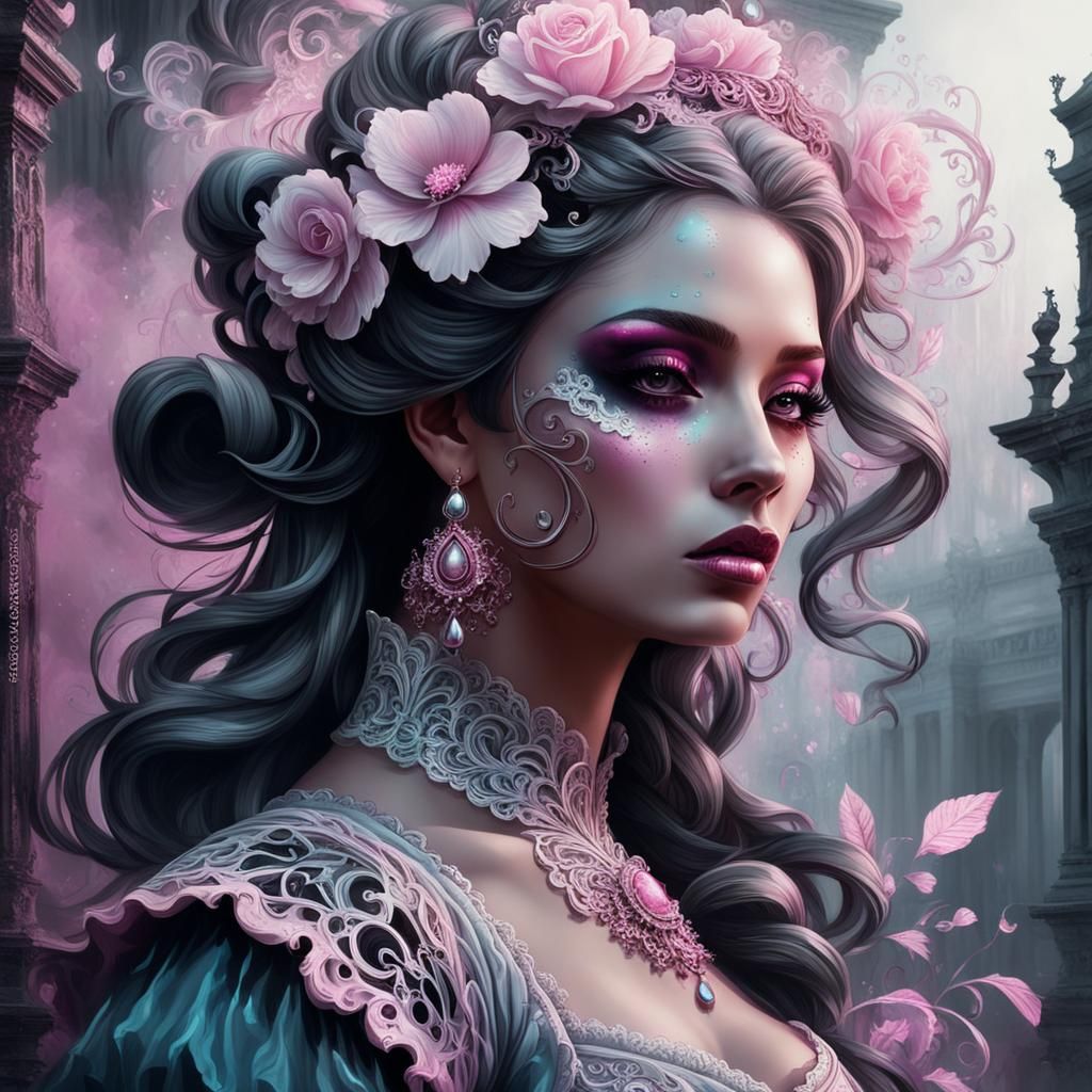 Graffiti Rococo Girl Portrait in Dark Spring Horror