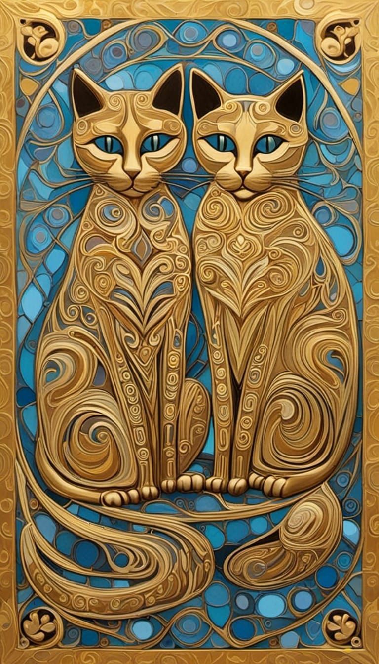 <lora:Bethany Klor:1.0> Two cats nuzzling in a tender embrace, enveloped in a robe of gold with intricate patterns. Cats...
