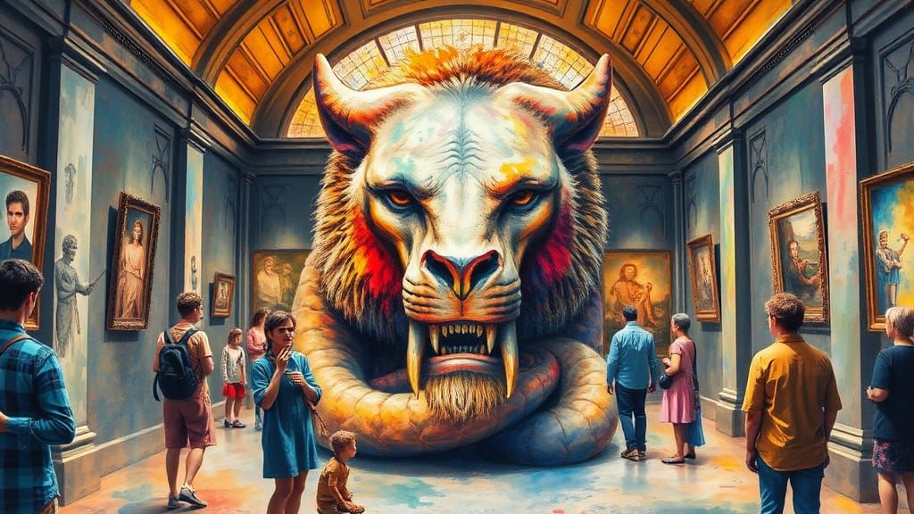 Museum Display of First Life in Gouache Style