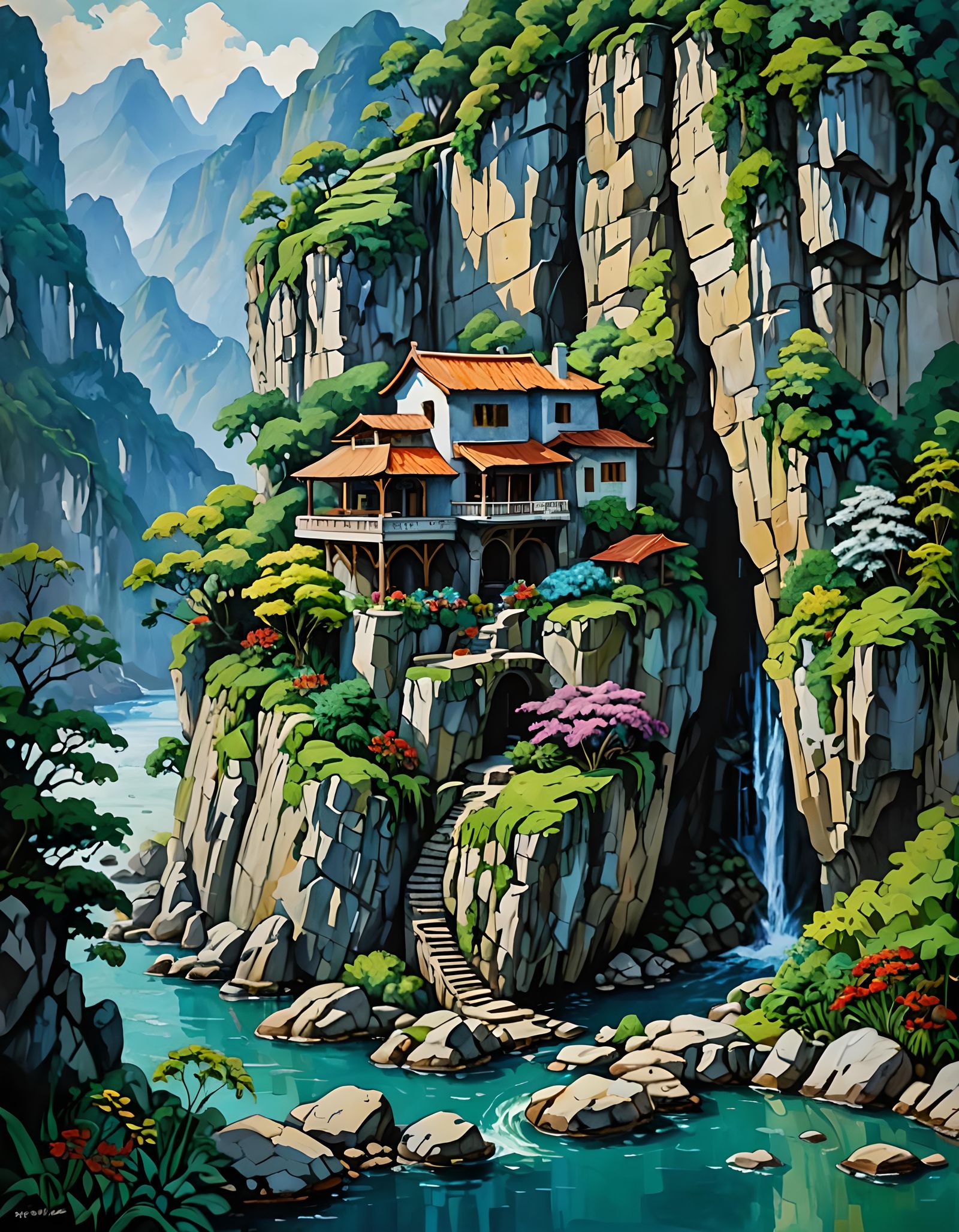 Cliffside House in Karst Mountains: Neo-Impressionist Scene