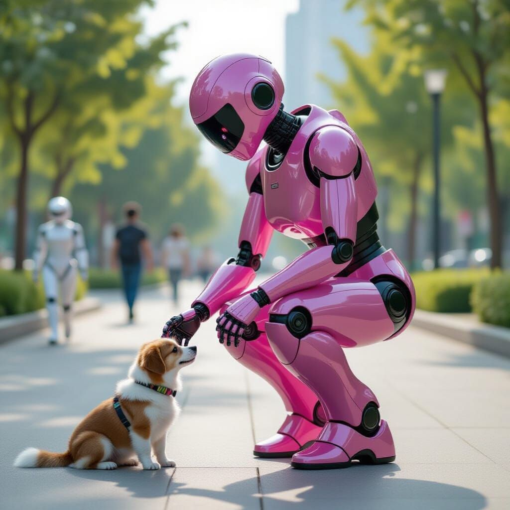 Photorealistic Robot Pets Dog in Futuristic Park