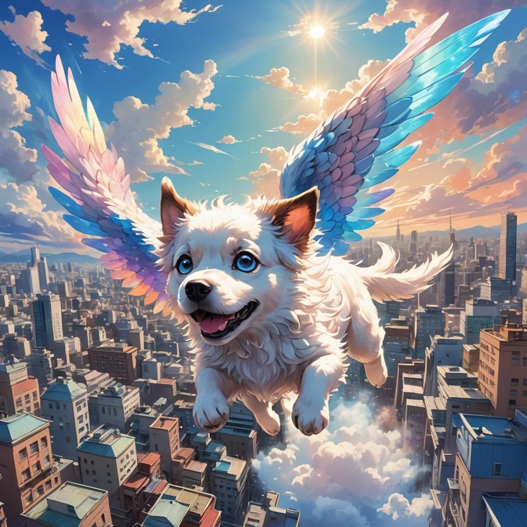 Anime Dog Flies Over City in Fantasy Art