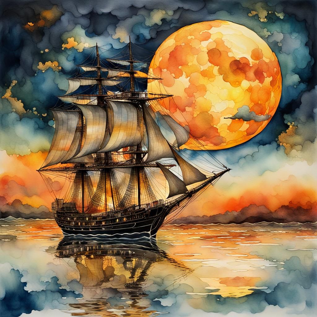 Night Sailing Ship in Watercolour Alcohol Ink Style
