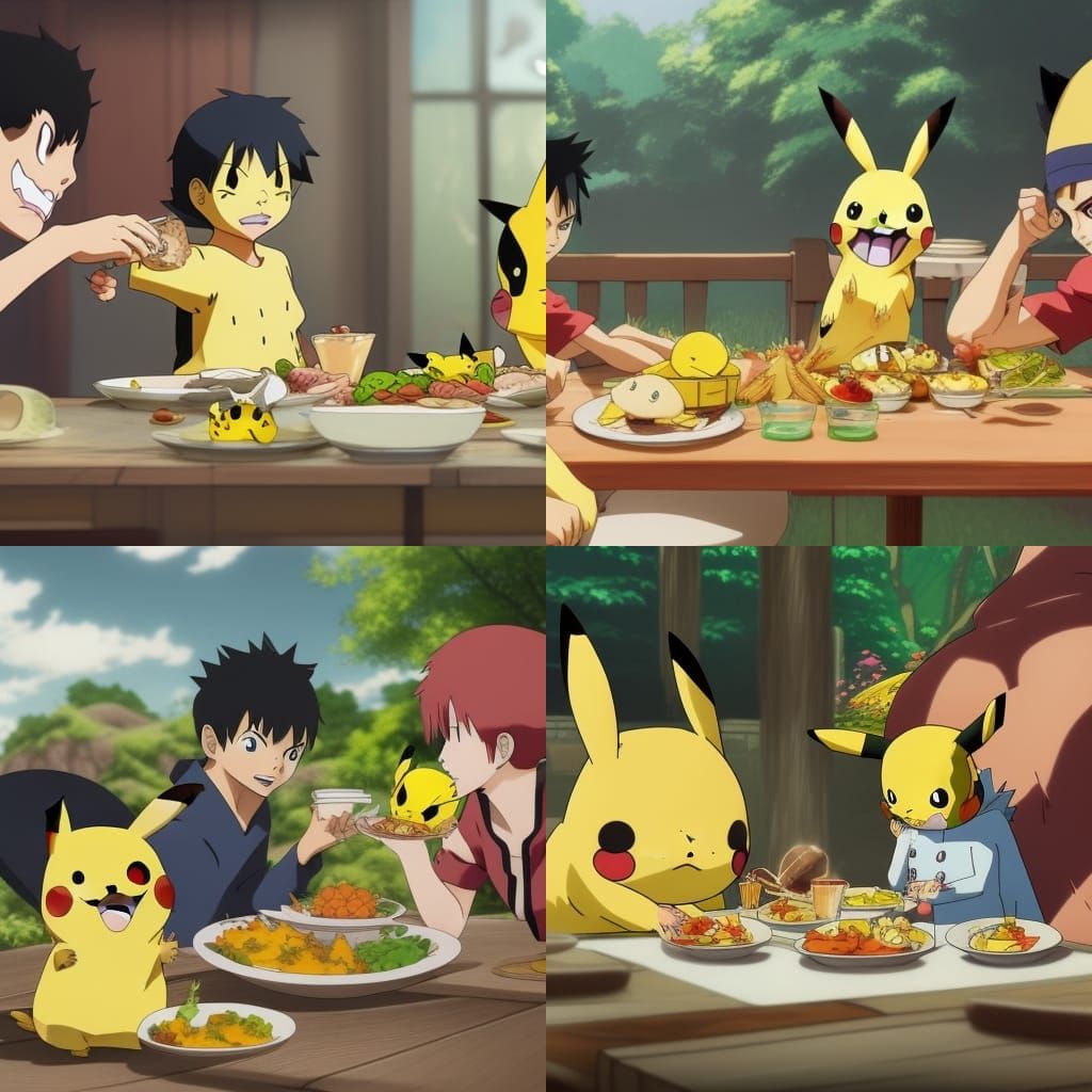 Pikachu, Zoro, and Luffy at Lunch: Anime Style