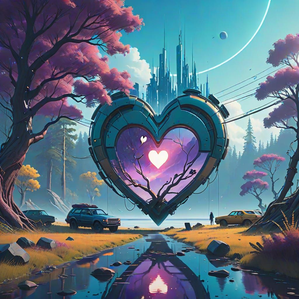 Ethereal Heart in Futuristic Landscape