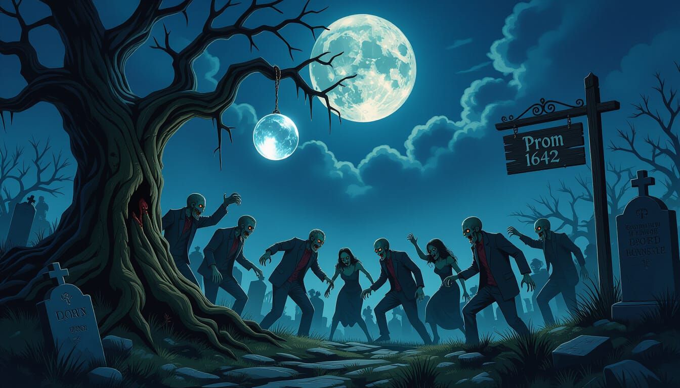Zombies Emerge from Graveyard Under Moonlight