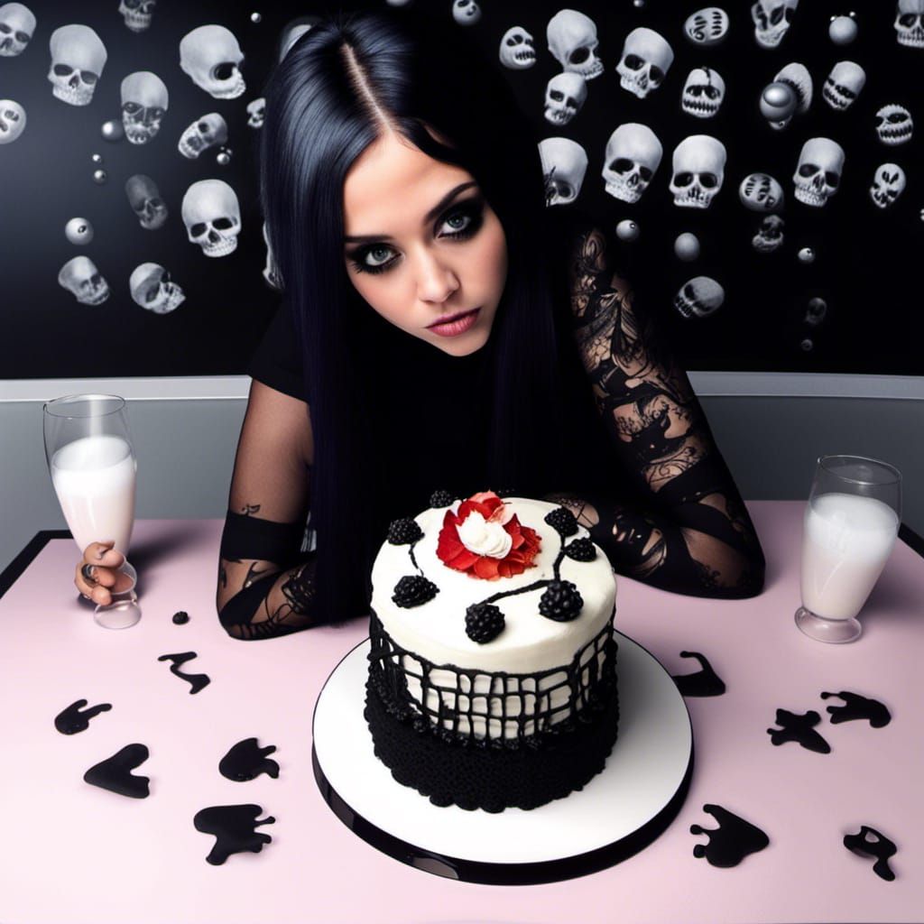 A goth themed skull drip cake ,
goth „jenna ortega“ in her role as „wedney adam“ as eating a skull chocolate cake Hyper...