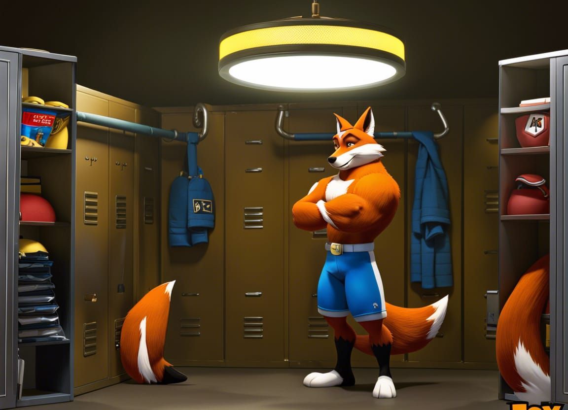 Muscular Fox Man in Locker Room: 3D Digital Art
