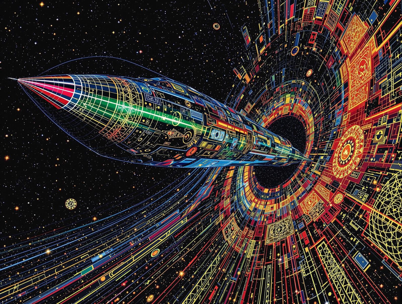 Gustav Klimt-Inspired Cosmic Starship Emerge from Wormhole