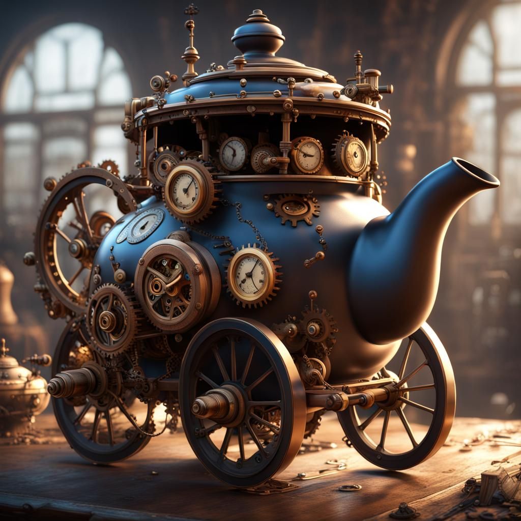 Steampunk Teapot Carriage with Gears and Cogs