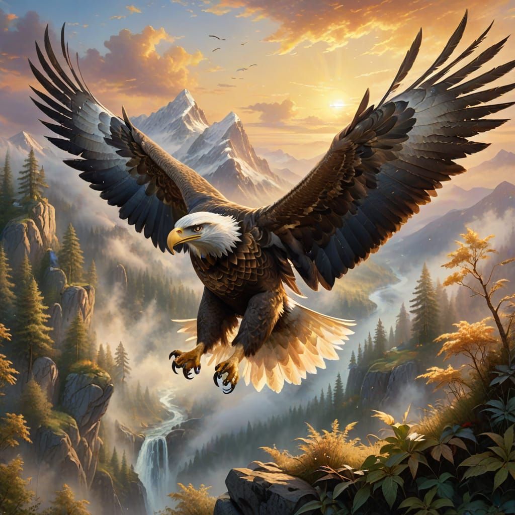 Eagle Soaring Through Mist in Kinkade Style
